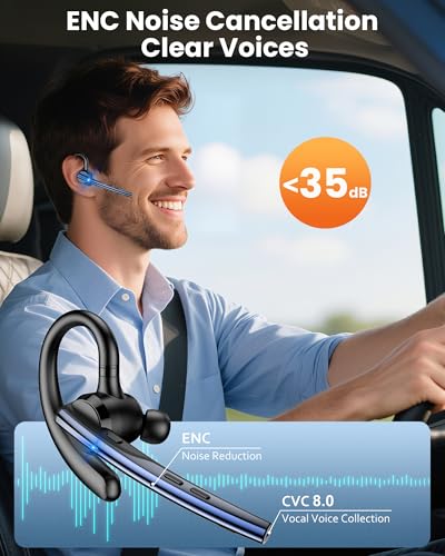 New Bee Bluetooth Headset V5.1 72H Talk Time Dual Mic with Mute Button for Business, Wireless Hand-Free Bluetooth Earpiece with 500mAh Charging Case for Cell Phone Calls Trucker Driver Laptop - color: Blue
