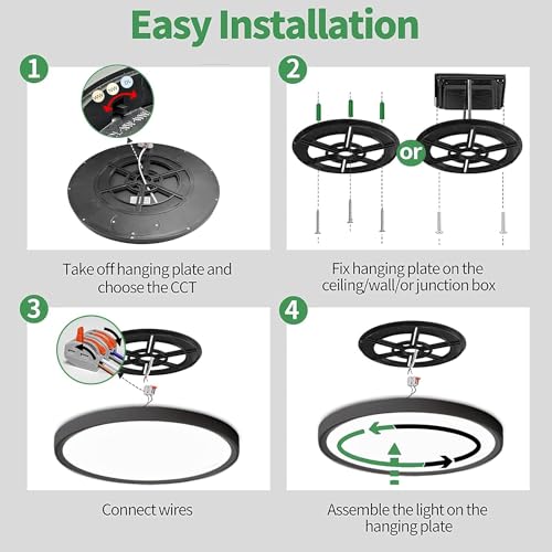 15.8Inch 4PK Black LED Flush Mount Ceiling Light,32W,3480LM,3CCT Selectable | 3000K/4000K/6000K CCT Selectable, Black Close to Ceiling Round Flat Panel Light, Super Slim LED Ceiling Light for Bedroom - color: Black