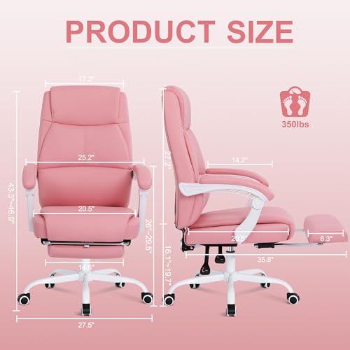 Misolant Big and Tall Office Chair with Footrest, High Back Desk Chair with Linkage Armrest, 90-155° Recline Executive Computer Chairs with Adjustable Height for Home - color: Pink