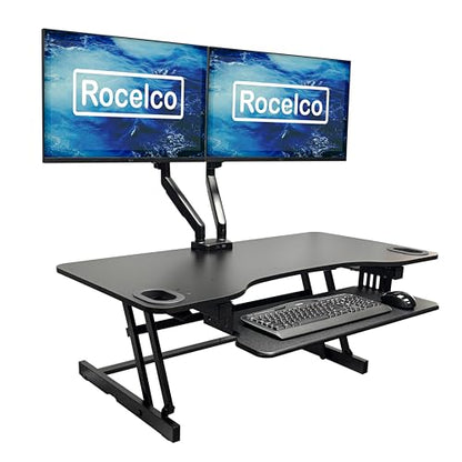 Rocelco 45" Height Adjustable Standing Desk Converter with Premium Dual Monitor Mount and Slide Out Retractable Keyboard Tray - Sit Stand Up Triple Screen Tabletop Riser - Black (R ADRB-45-MA2) - color: Black, size: 45", style: Riser+Premium Dual Mount