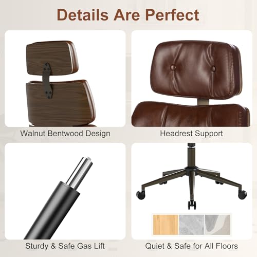 Mid-Century Modern Ergonomic Office Chair, High Back Headrest, Brown | Faux Leather Executive Desk Chair, Walnut Bentwood & Adjustable Headrest, Swivel Computer Chair for Home Office, 300LBS Cap - color: Brown, size: High Back Style