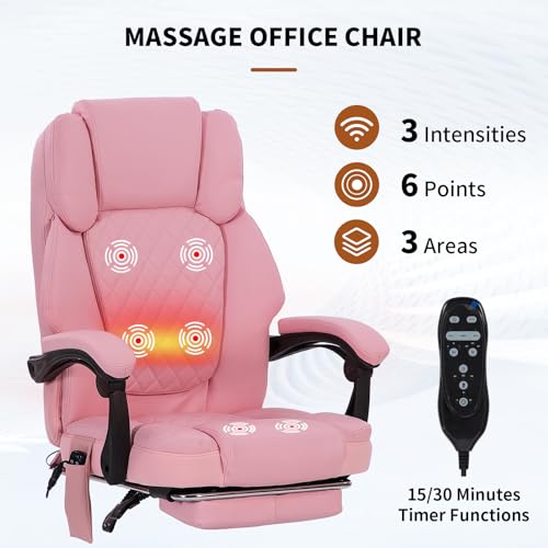 Massage Office Chair with Heat 6 Vibration Points,High Back & Heat, Executive Desk Chair,Big and Tall Office Chair 400lbs, Comfortable Ergonomic Reclining Managerial Chair, PU Leather Pink