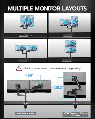 ARES WING Dual Monitor Mount - 17 to 40 Inch Screen Monitor Arm, Black | Ultrawide Monitor Arm for Heavy Duty Curved Screen up to 26.4 lbs with Clamp/Grommet Desk Mount, 75/100 Vesa Mount - size: Dual Monitor Arm