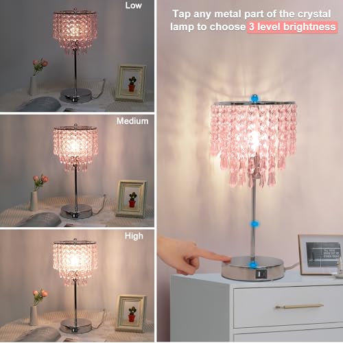 Touch Bedside Lamp with USB C+A Ports, Silver with Pink Crystal Shade - color: Pink
