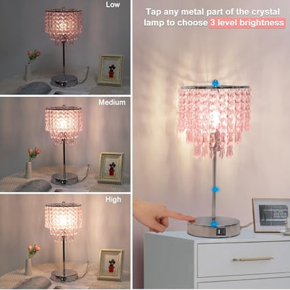 Touch Bedside Lamp with USB C+A Ports, Silver with Pink Crystal Shade - color: Pink