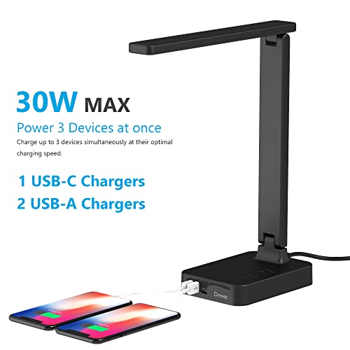 Drevet LED Desk lamp with USB C Charging Port, Table Light with 3 USB Charger and 2 AC Power Outlet, 3 Color Model, 3 Level Brightness, Touch Control, Memory Function, Eye-Caring Office Foldable Lamp - color: Gray