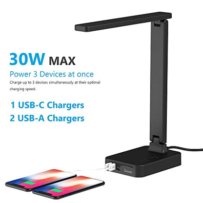 Drevet LED Desk lamp with USB C Charging Port, Table Light with 3 USB Charger and 2 AC Power Outlet, 3 Color Model, 3 Level Brightness, Touch Control, Memory Function, Eye-Caring Office Foldable Lamp - color: Gray