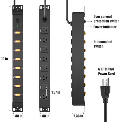 HHSOET 8 Outlet PDU Power Strip, 1U Rack Surge Protection, 6FT, Black, 1 | Metal Mountable Outlet with Independent Switch, for Network Server Audio Equipment Racks, 1200J - size: 6ft