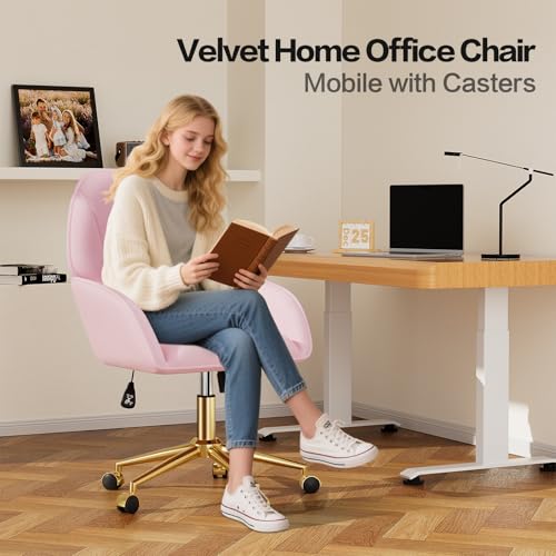 Pink Velvet Desk Chair with Pillow, Upholstered Home Office Desk Chair Makeup Vanity Chair with Swivel Wheels, Ergonomic Office Chair Computer Task Chair for Living Room, Bedroom - color: Pink