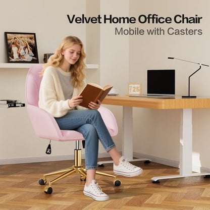 Pink Velvet Desk Chair with Pillow, Upholstered Home Office Desk Chair Makeup Vanity Chair with Swivel Wheels, Ergonomic Office Chair Computer Task Chair for Living Room, Bedroom - color: Pink