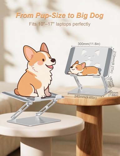 Aoviho Aluminum Laptop Stand for Desk Fit for All 10"-17.3" Laptops, Silver | Height-adjustable Notebook Holder, Ergonomic Computer Riser with Unique Puppy Cooling Vent, for Mac, Dell, Lenovo, HP - color: Silver
