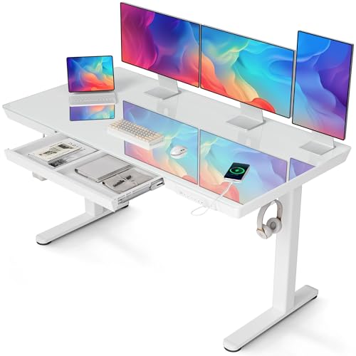 Claiks Glass Standing Desk with Drawers & USB Ports 55x24 Inch, White - color: Super White Glass, size: 55 inch