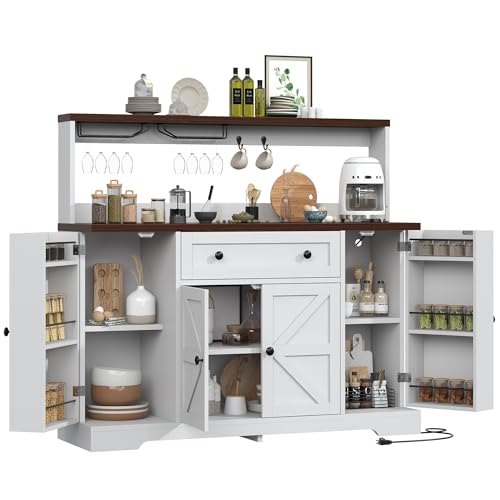 VVFLU Hutch Storage Buffet Cabinet with Drawers, and Charging Station, Coffee Bar Cabinet with Barn Doors, Wine Rack and Hooks, White Wood Sideboard Buffet for Kitchen, Dining Room, 47.8" High - color: White/Wood, size: 15.7"D x 55.1"W x 47.8"H