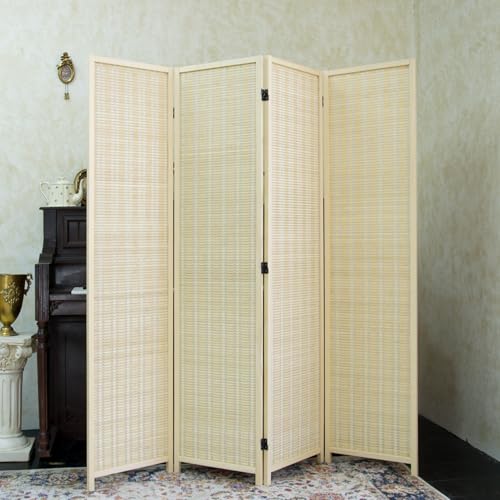 Furnnylane 4 Panel Bamboo Room Divider - 5.6 ft Tall Folding Privacy Screen, Natural Beige Freestanding Partition Wall for Home Office & Room Separation (67" H x 61.4" W) - color: Beige, size: 4 Panel