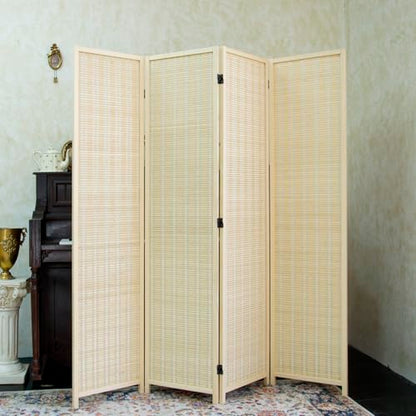 Furnnylane 4 Panel Bamboo Room Divider - 5.6 ft Tall Folding Privacy Screen, Natural Beige Freestanding Partition Wall for Home Office & Room Separation (67" H x 61.4" W) - color: Beige, size: 4 Panel