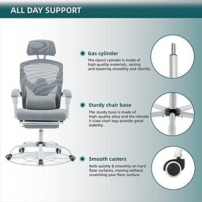DUMOS Office Desk Chair with Footrest, Mesh Computer Gaming Chair | Ergonomic Lumbar Support, 360° Swivel, Rolling Wheels, Adjustable Headrest, Task Student, Elegant Grey - color: Elegant Grey, size: Standard