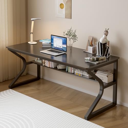 55-Inch Extra Long Desk with Storage Shelf, Black | Double Long Writing Table, Space-saving, 2-Person Workstation, Modern Study Work Computer Desk, For Home Office - color: Black, size: 55x23.6 inch