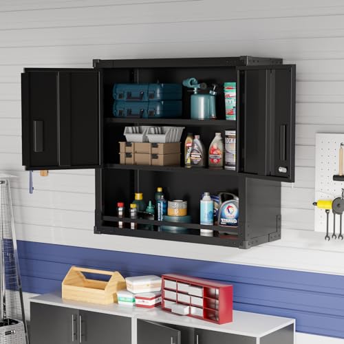 VINGLI Garage Wall Cabinet with Locking Doors and Adjustable Shelf, Metal Wall Cabinet, Floating Upper Storage Cabinet (Black, 30''W x 12''D x 30''H) - color: Black, size: 30'' Wall Cabinet (2-Door & 3-Shelf)