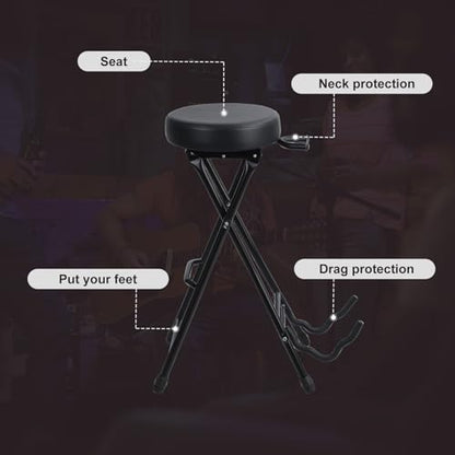 Guitar Stool, Foldable Padded Seat with Built-in Stand & Footrest, Retractable Hook Non-Slip Feet for Acoustic Electric Bass Home Studio Practice (Black-B) - color: Black-b