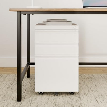 DEVAISE 3 Drawer Mobile File Cabinet with Lock, Metal, White - color: White, size: 17"D x 15"W x 24"H