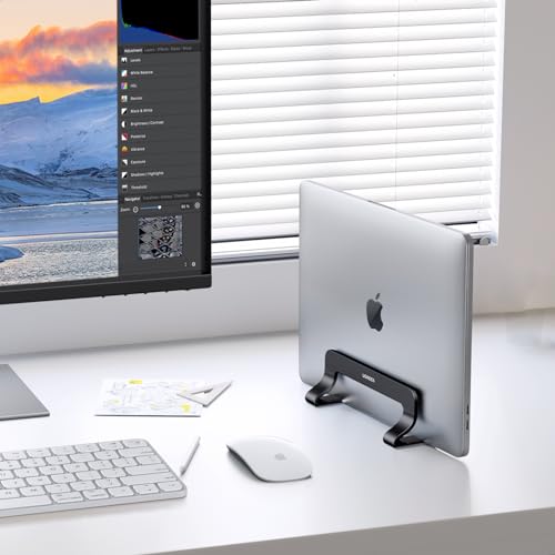 UGREEN Vertical Laptop Stand Holder for Desk Compatible with MacBook Pro, MacBook Air Stand Vertical Aluminum Adjustable for Up to 17.3 Inch Gaming Laptop, Black | Laptop Stand Aluminum PC Holder Compatible with MacBook MateBook Chromebook Surface Dell HP