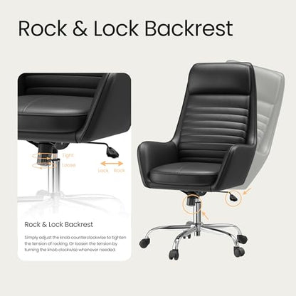 COLAMY Ellis High-Back Home Office Desk Chair, Leather Executive Chair with Integrated Armrests, Black - color: Black