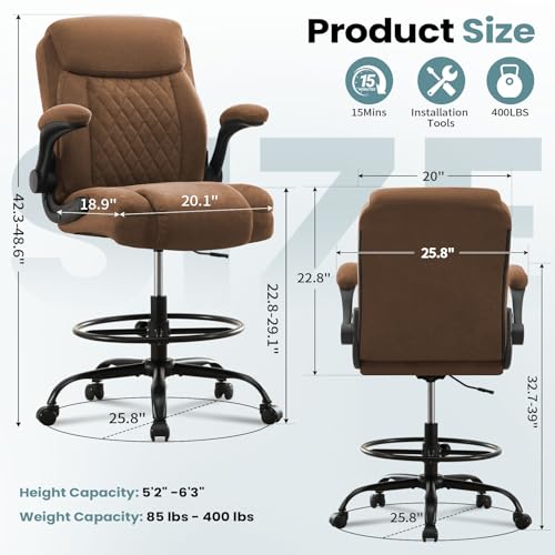MAHOMICO Drafting Chair for Standing Desk – Tall Office Chair with Adjustable Height & Foot Ring, Flip-Up Arms, Lumbar Support – Comfortable Fabric Seat, Ideal Home Desk Chair - color: Brown