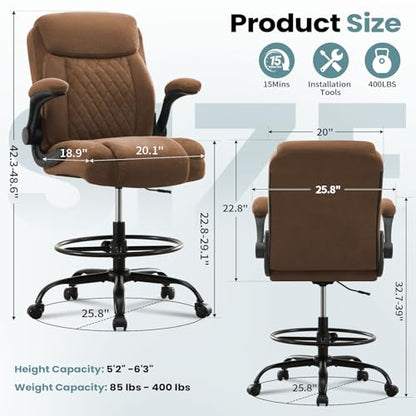 MAHOMICO Drafting Chair for Standing Desk – Tall Office Chair with Adjustable Height & Foot Ring, Flip-Up Arms, Lumbar Support – Comfortable Fabric Seat, Ideal Home Desk Chair - color: Brown