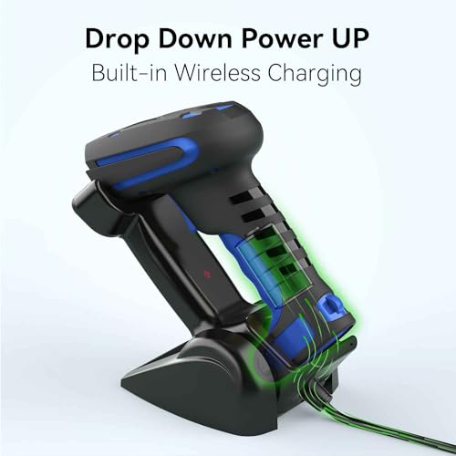 Upgraded 2D Industrial Barcode Scanner with Wireless Charging Stand, 1968 Feet Transmission Distance 433Mhz Wireless & Bluetooth 2in1 Barcode Reader, Shock Dust Proof Hands Free, Blue - color: Blue-2D