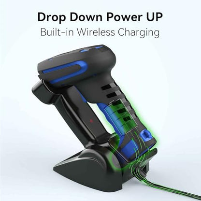 Upgraded 2D Industrial Barcode Scanner with Wireless Charging Stand, 1968 Feet Transmission Distance 433Mhz Wireless & Bluetooth 2in1 Barcode Reader, Shock Dust Proof Hands Free, Blue - color: Blue-2D