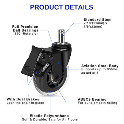 Hirate 5 Pack 3 inch Office Chair Caster Wheel Universal Stem 7/16" x 7/8" - color: Dual Brake, size: 3"
