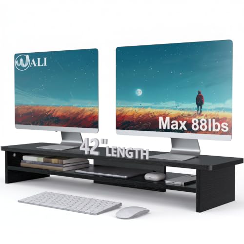 WALI 42 inch Large Wood Dual Monitor Stand Riser with Storage, up to 88lbs - color: Black, size: 42 in