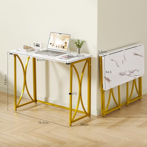 Folding Desk, 31.5" Small Desk for Bedroom, Space Saving Foldable Computer Desk for Home Office, Easy Assembly, White and Gold - size: medium size22
