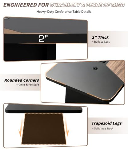Ceridwen 8FT Conference Table, Rectangular Boardroom Table with Built-in Power & USB-C Ports, Heavy-Duty Meeting Table with Thick Tabletop & Trapezoid Legs for Office Conference Room - color: Walnut