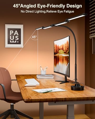 Desk Lamp Clamp Light 24W, Ultra Wide 4 Head Bars, 5 Color Modes Dimming, Multi-Screen Setup for Office, Architect, Black, Aluminum, Adapter Included - size: 4-Head Curved Gooseneck Desk Lamp
