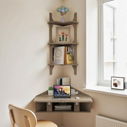 Pmnianhua Floating Corner Desk,Wall Mounted Table with Shelves,Folding Corner Shelf,Wall Corner Shelf for Small Space Computer(Rustic Grey)
