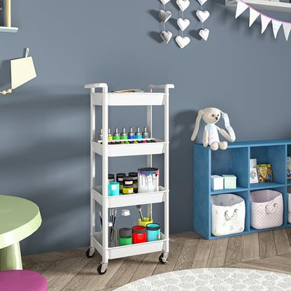 MIOCASA Utility Rolling Cart with Detachable Tray Top, 4-Tier Kitchen Storage Organization, Art Cart with Wheels for Office, Classroom, Livingroom, Kitchen, Bathroom (White, 4-Tier-Plastic) - size: 4-Tier, style: White