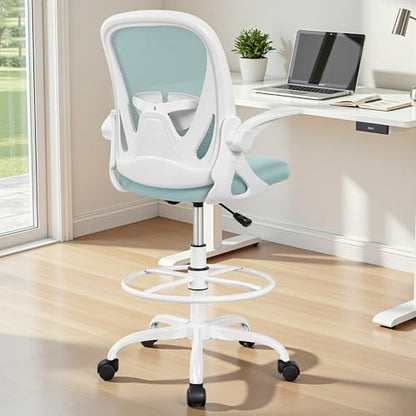Primy Drafting Chair Tall Office Chair with Flip-up Armrests Executive Ergonomic Computer Standing Desk Chair with Lumbar Support and Adjustable Footrest Ring（Light Blue） - color: Light Blue, size: 934-Z