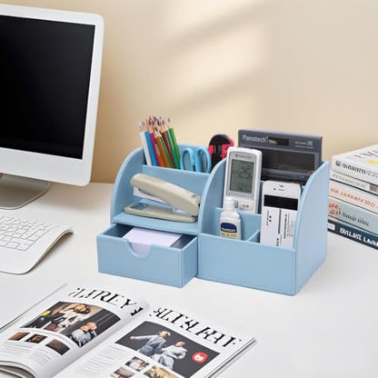 Pu Leather Desk Organizer Pen Pencil Holder Office Supplies Caddy Storage Box 6 Compartments with Drawer Blue - color: Blue