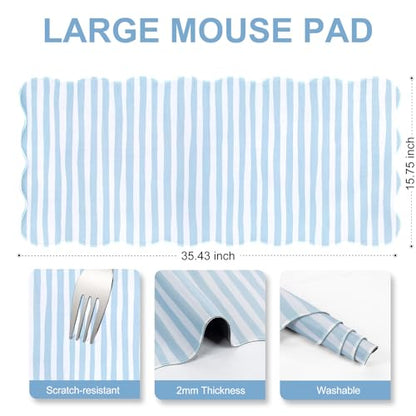 L-SPOUTTO Blue Striped Mouse Pad,Scalloped Desk Mat XXL Large Geometric Gaming Mousepad,35.4x15.7in Non-Slip Rubber Base Keyboard Pad Waterproof Desktop Mat for Laptop Computer Game Home Office - color: Blue Striped