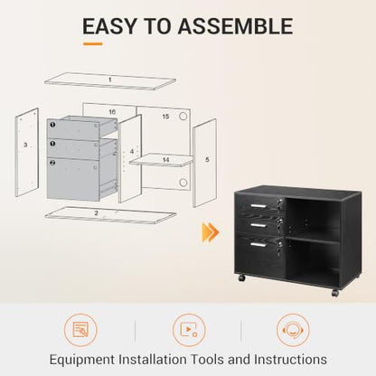 DEVAISE 3-Drawer File Cabinet with Lock, Mobile Wood Filing Cabinet, Black | Rolling Printer Stand, Office Cabinet, Open Storage Shelves, Letter & A4 Compatible, Home Office, Under Desk Storage - color: Black