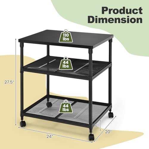 Giantex Printer Stand, 3-Tier Industrial Printer Cart with Lockable Wheels, Adjustable Shelves, Metal Frame, Mobile Under Desk Shelf for Home Office, Printer Table Fit Fax Machine, Scanner (Black) - color: Black, size: 24"x20"x27.5"