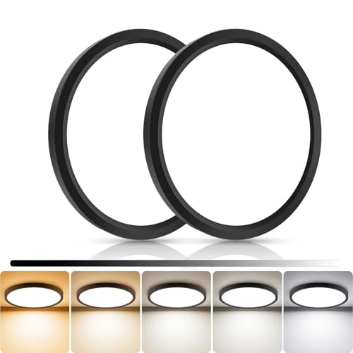 libtit 2Pack 7inch LED Flush Mount Ceiling Light, Dimmable & 5Color Temperatures (3000K-6500K), 15W Round Slim Black Light Fixture for Closet Hallway Kitchen Bathroom Laundry - color: Black, size: 7inch-2pack