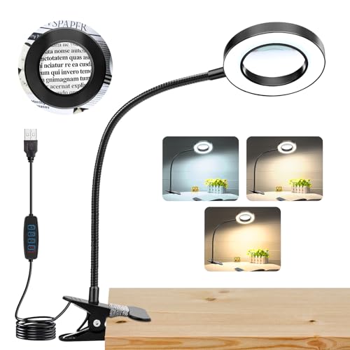 10X Magnifying Glass with Light and Stand,Hands Free Clip on Magnifier Lamp - color: Black