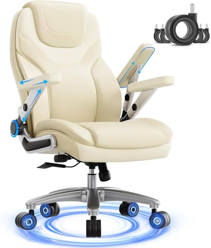 Big and Tall Office Chair with 5D Arms, Fabric & PU Leather Heavy Duty Desk Chair, Adjustable Lumbar Support & Height, Tilt Function, High Back Ergonomic Executive Computer Chair - color: Beige