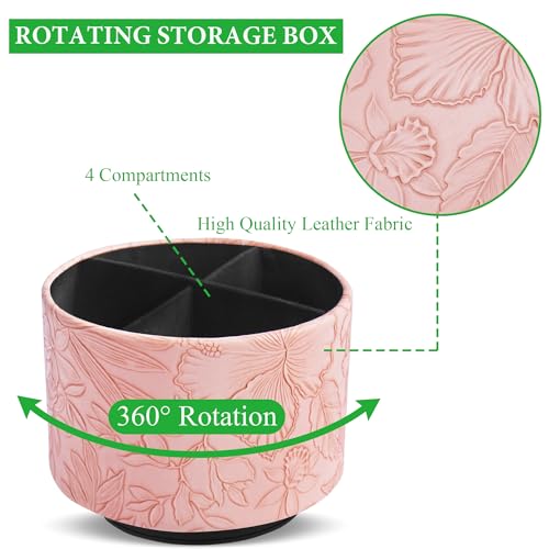 Round Leather Art Supply Organizer,Remote Control Holder,360 Degree Spinning,Multi-Functional Pencil Holder,4 Compartments Desktop Stationary Organizer(1-Carved Pink) - color: 1-Carved Pink
