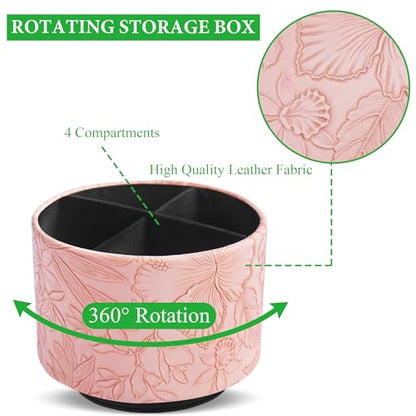 Round Leather Art Supply Organizer,Remote Control Holder,360 Degree Spinning,Multi-Functional Pencil Holder,4 Compartments Desktop Stationary Organizer(1-Carved Pink) - color: 1-Carved Pink