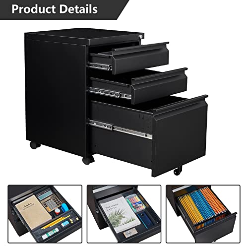 3-Drawer File Cabinet with Lock, Mobile Filing Cabinet, Fully Assembled - color: Black, size: 14.6"W x 24.4"H x 17.3"D - F