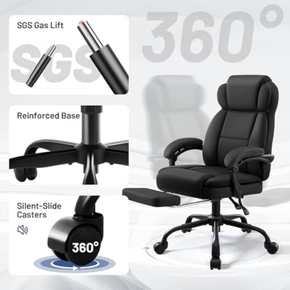 Ergonomic Office Chair with Footrest,PU Leather Executive Desk Chair Padded Linkage Armrests,Lumbar Support,Swivel Computer Chair for Home Office & Gaming,Black - color: Black