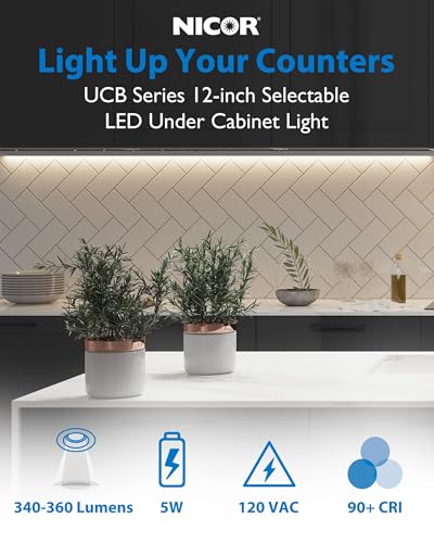 12” LED Direct Wire Under Cabinet Light - Dimmable Undercounter LED Lights for Kitchen - Selectable CCT 2700K-5000K, 340-360 Lumens, 5W - UCB Series Hardwired Under Cabinet Lighting by NICOR Lighting - size: 12, style: No Switch